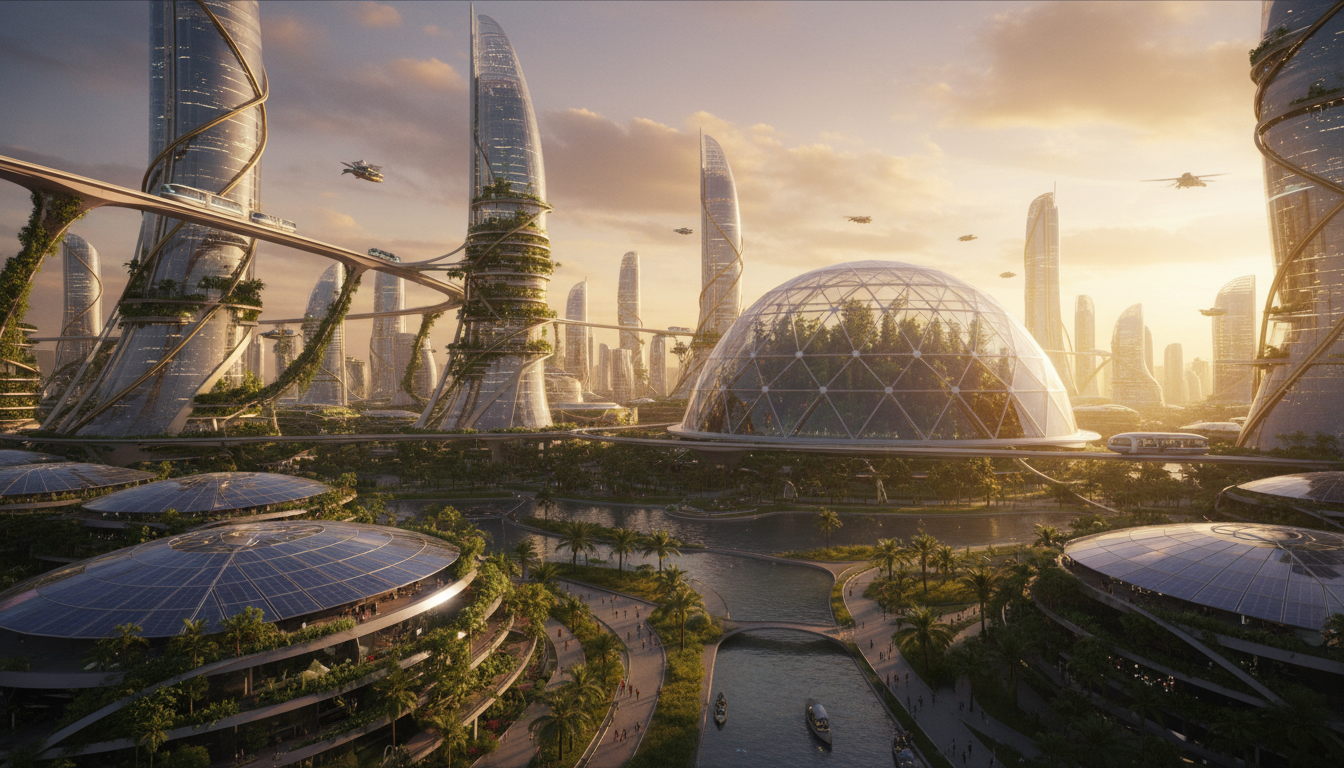 Cinematic wide shot of a futuristic eco-city