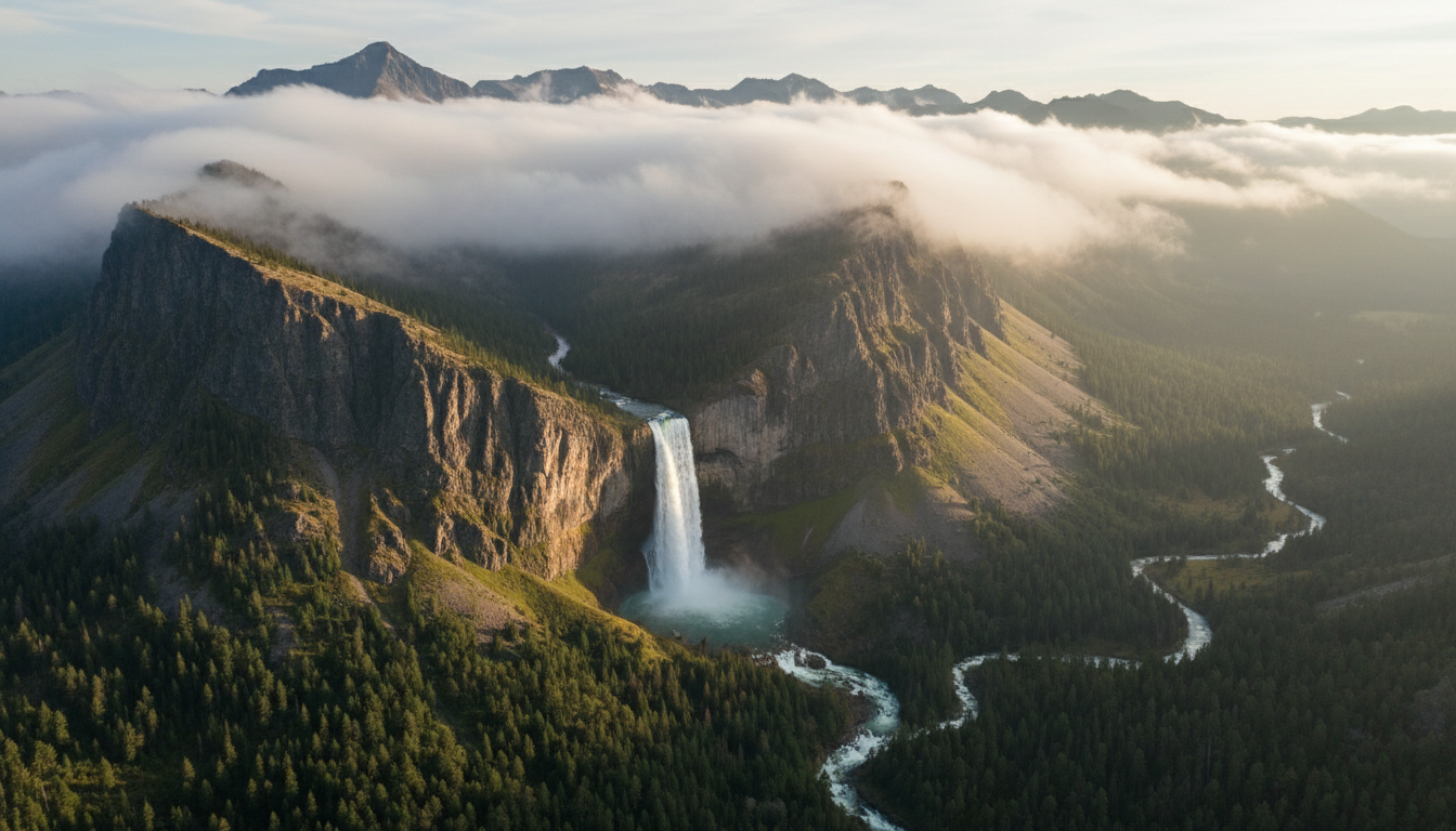 Aerial drone shot of a misty mountain range